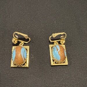 Gold and Blue Stone Clip on Earrings